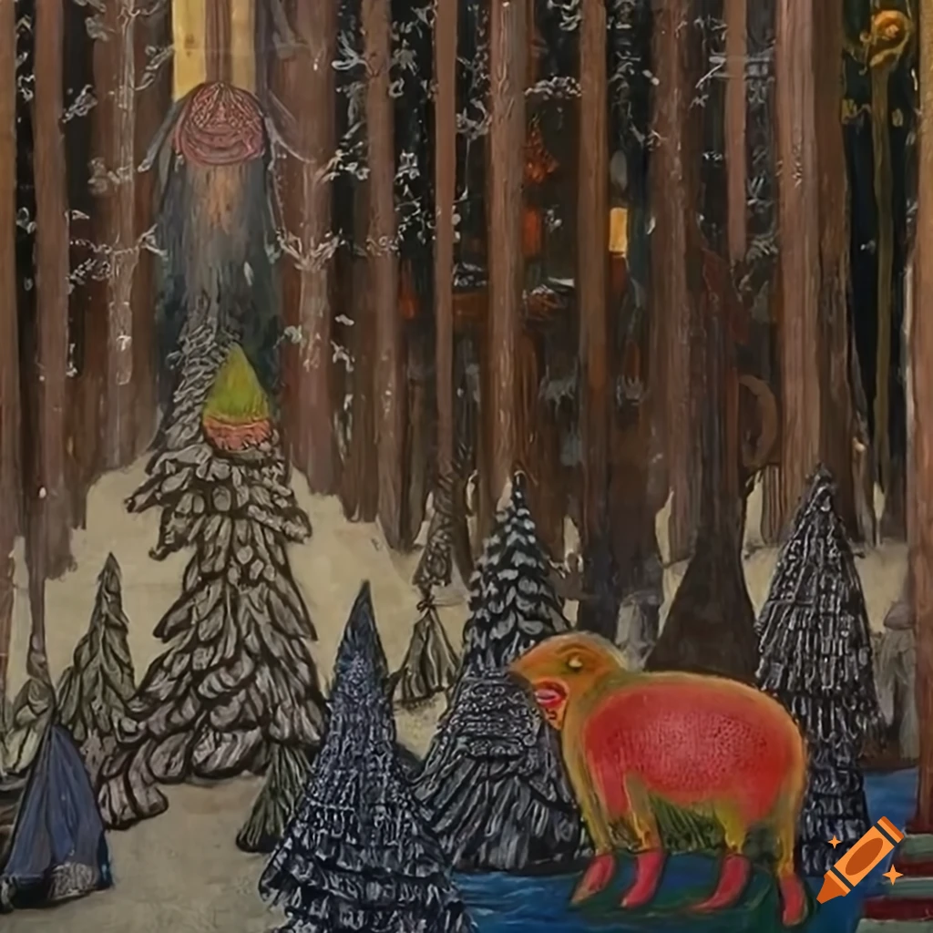 intricate Christmas forest painting with Native Salish and Russian fairytale motifs