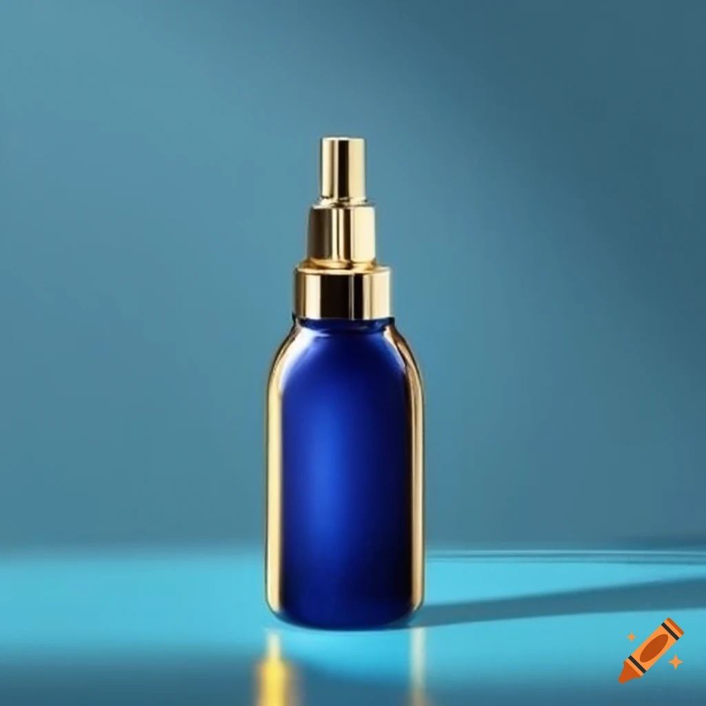 elegant blue and gold makeup setting spray bottle