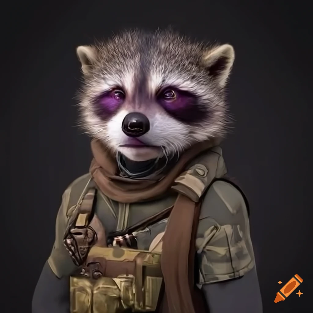 hyperrealistic anthropomorphic raccoon with purple eyes