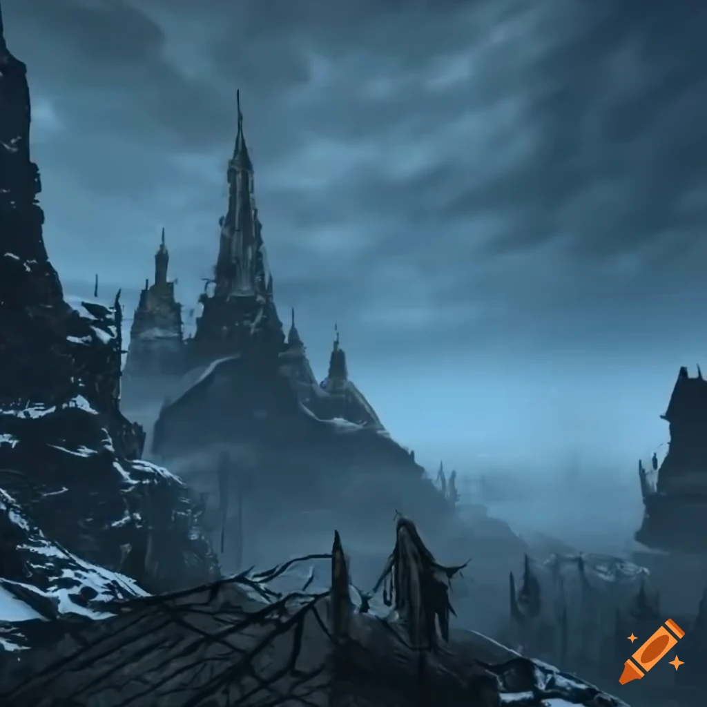 Scenic snowy mountains with carved faces in bloodborne