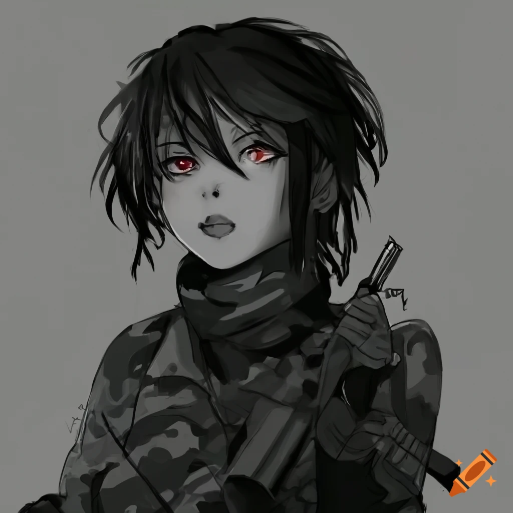 grayscale pencil sketch of an Algerian anime girl with camouflage fatigues