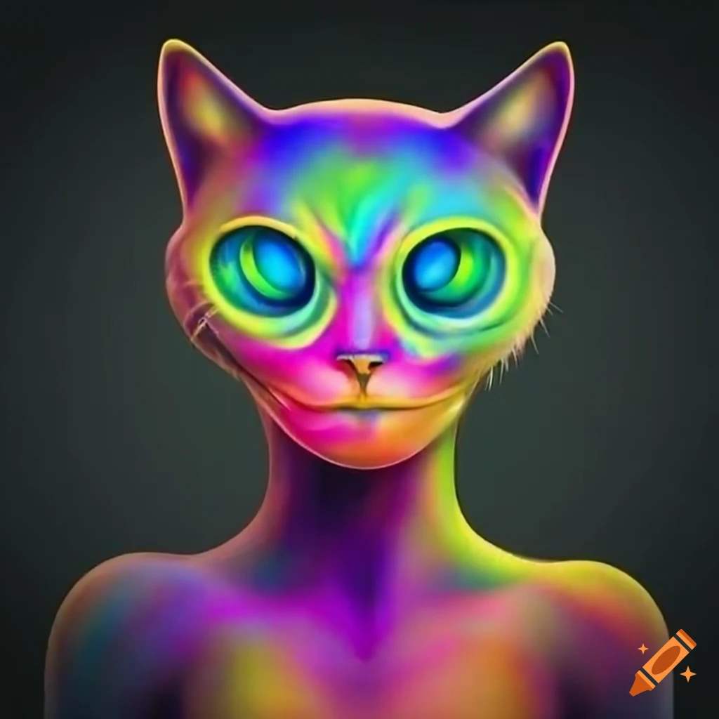 colorful cat-like alien with bulgy insect eyes