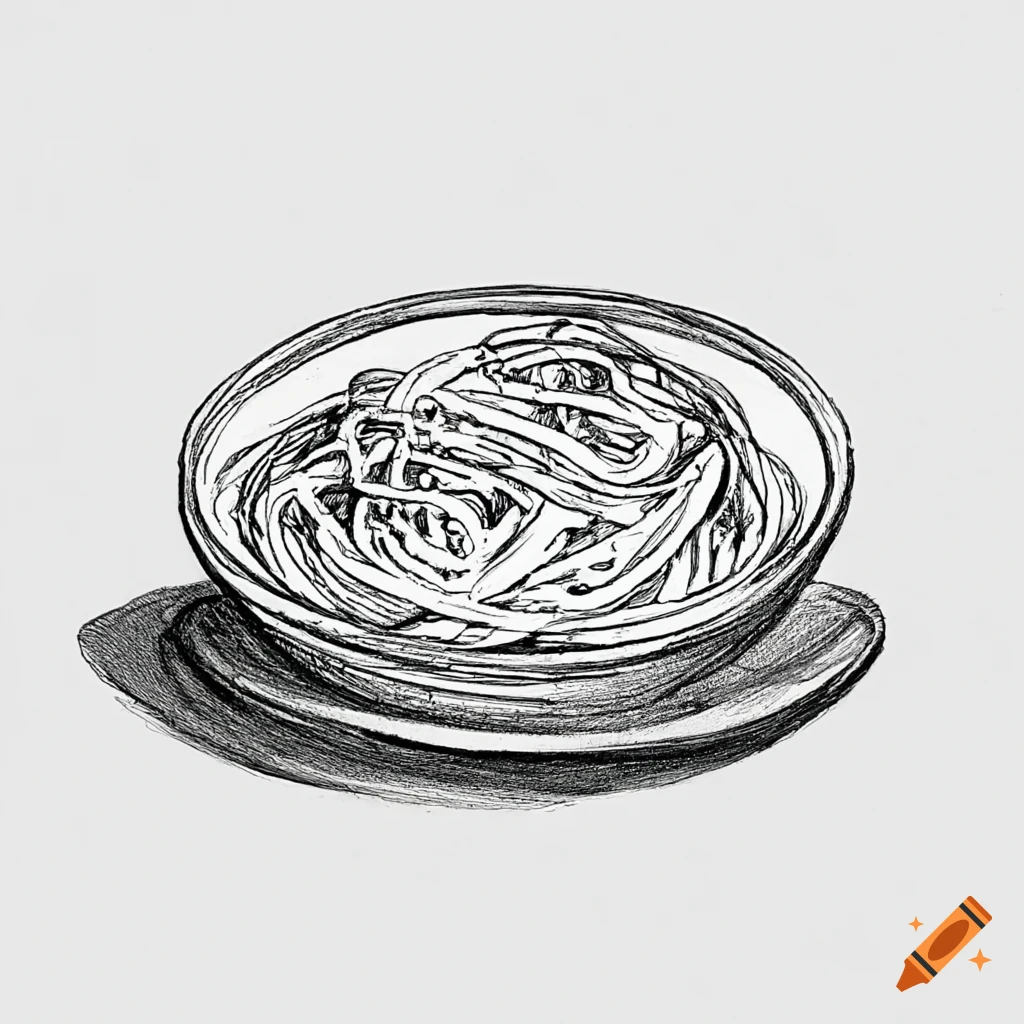 Ink drawing of spaghetti dish with tomato sauce on Craiyon