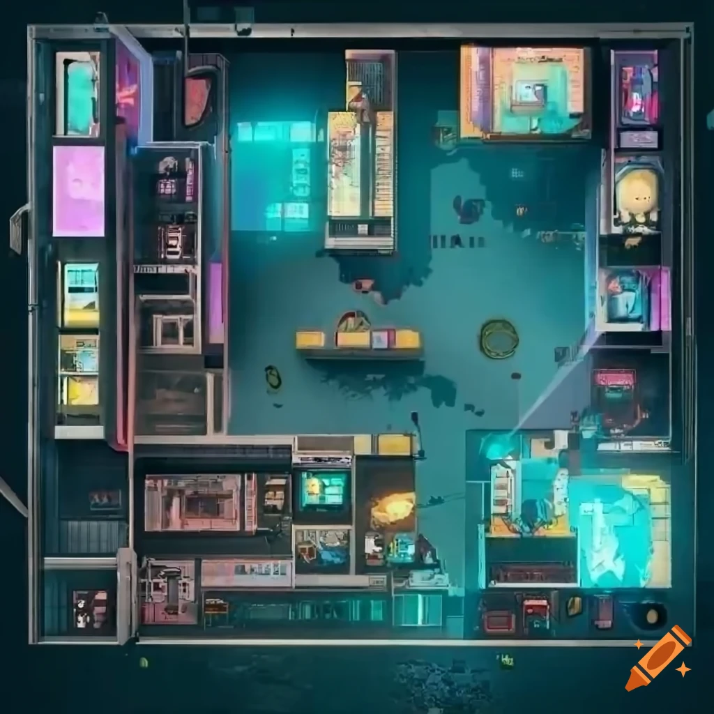 top-down view of a Cyberpunk Red tabletop game with VR chairs