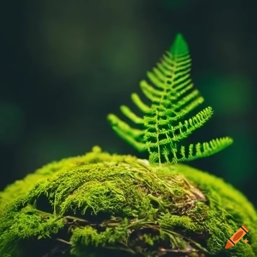 close-up of thriving fern on moss ball