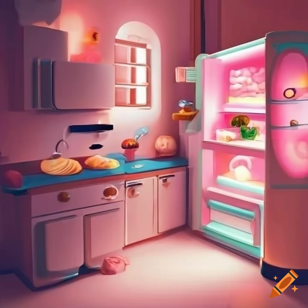 Kawaii aesthetic kitchen at night with open fridge on Craiyon