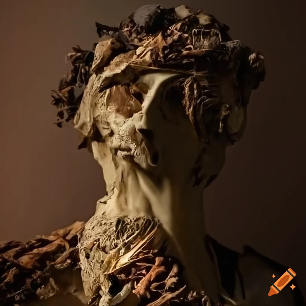 close-up of a distorted figure caught in a sculpture made of branches and junk