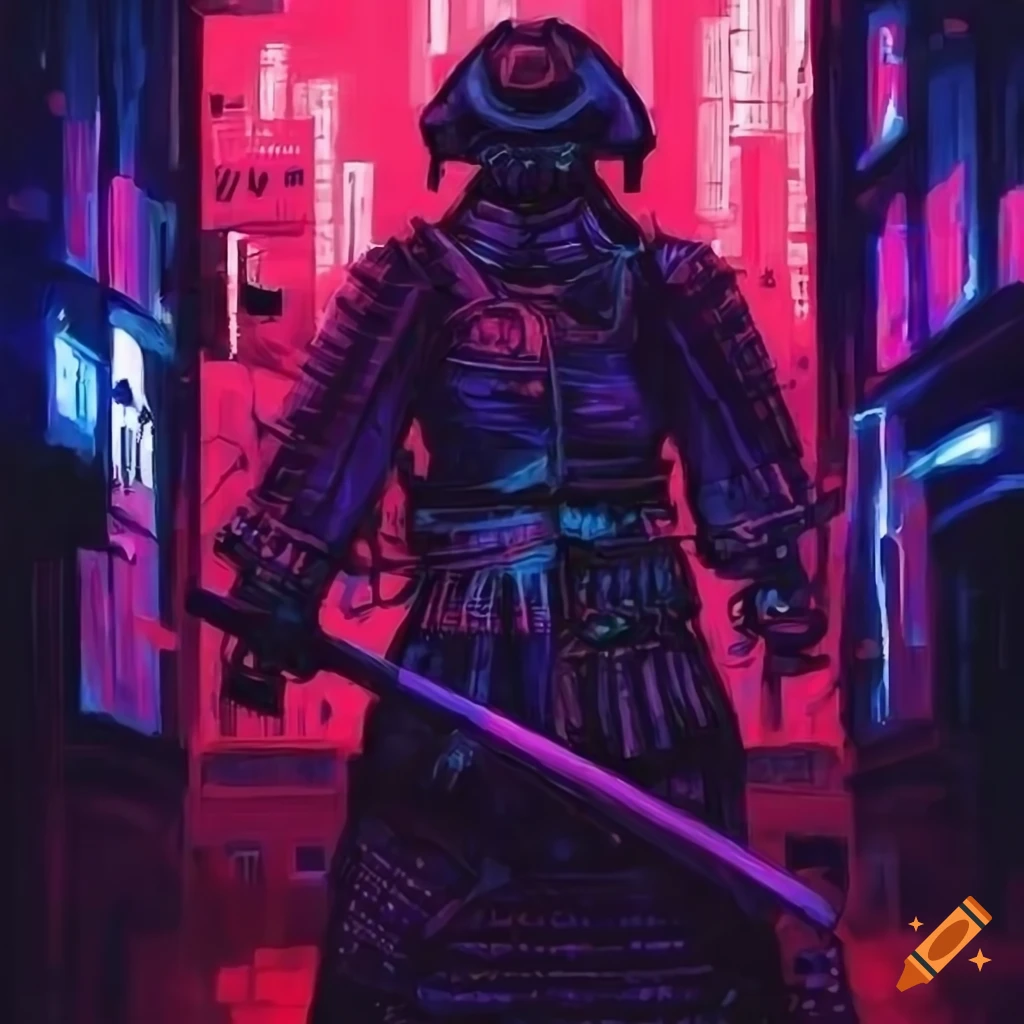 Cyberpunk futurist samurai painting in a futuristic city