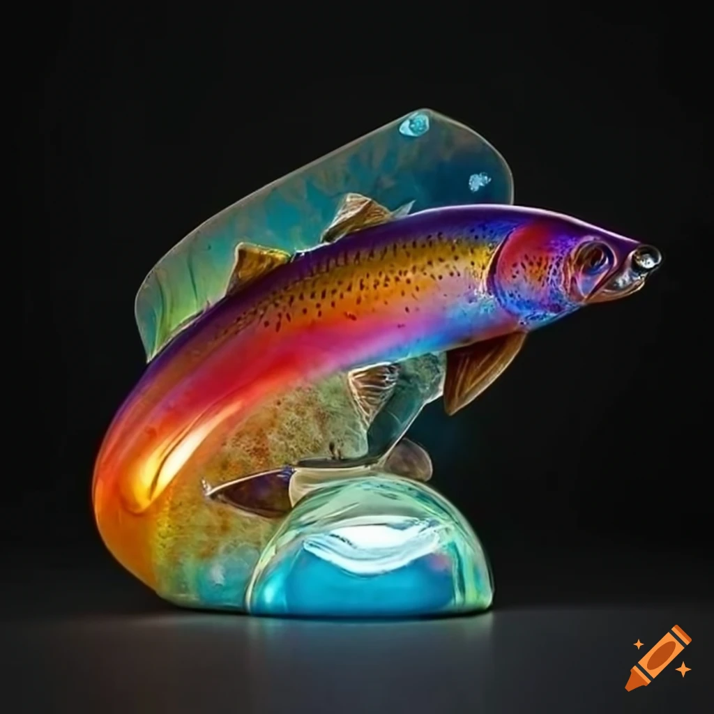 Iridescent glass sculpture of a rainbow trout on Craiyon
