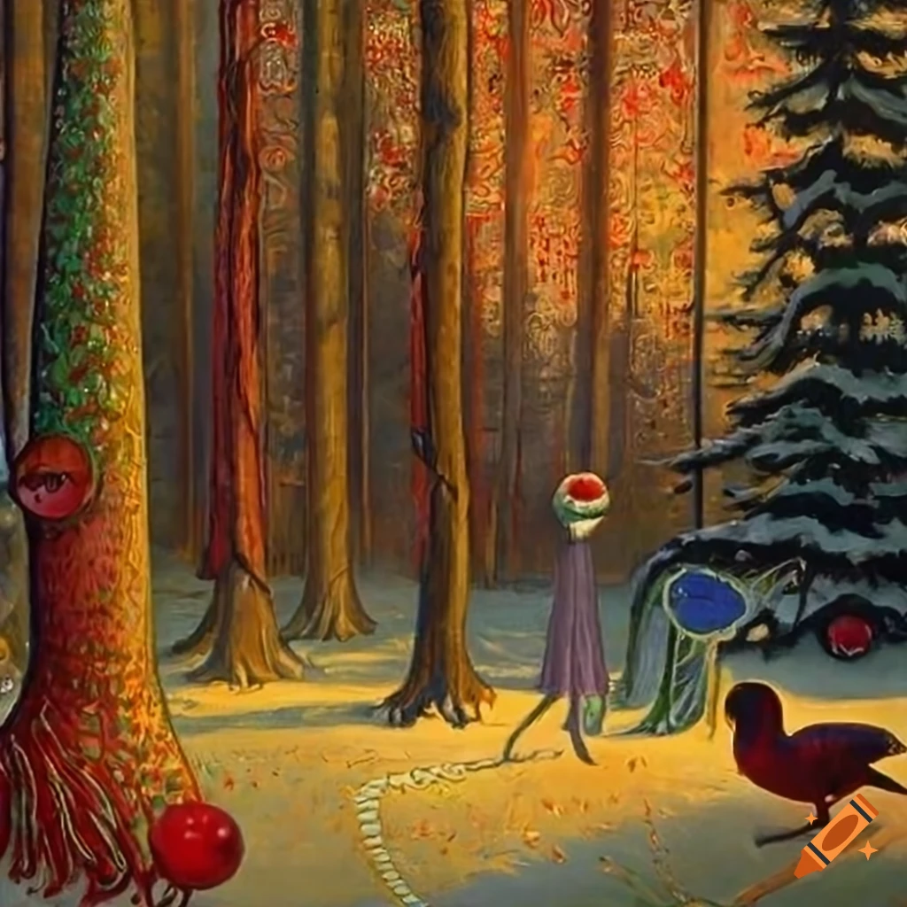 intricate oil painting of a festive Christmas forest scene
