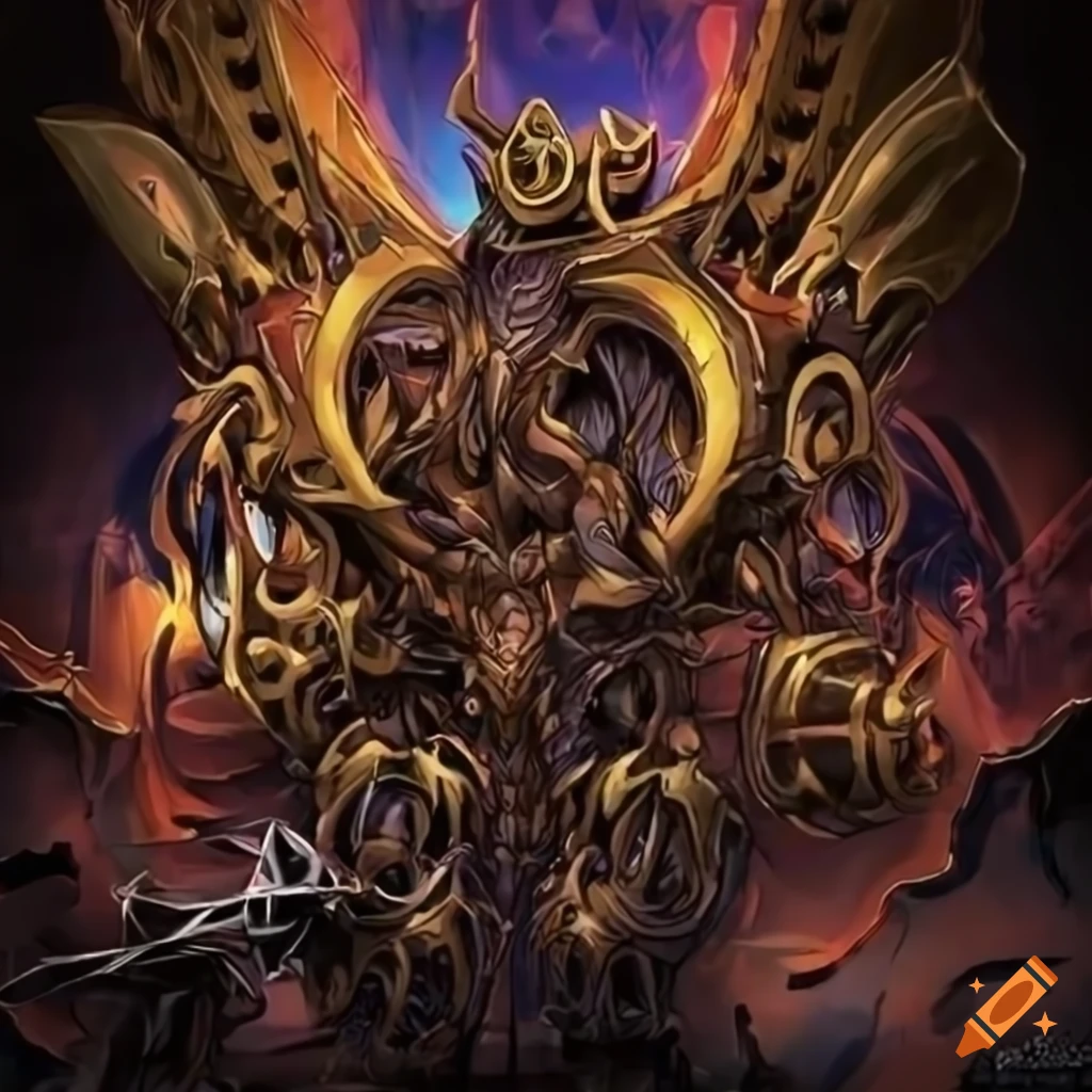 Yu-gi-oh style artwork of a mechanical ancient gear creature
