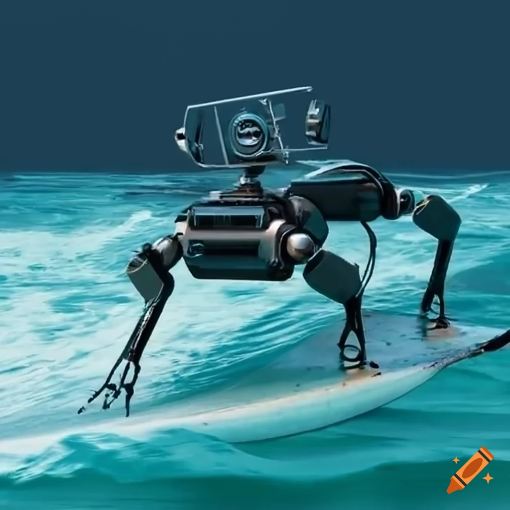 Quadruped robot surfing on a wave on Craiyon