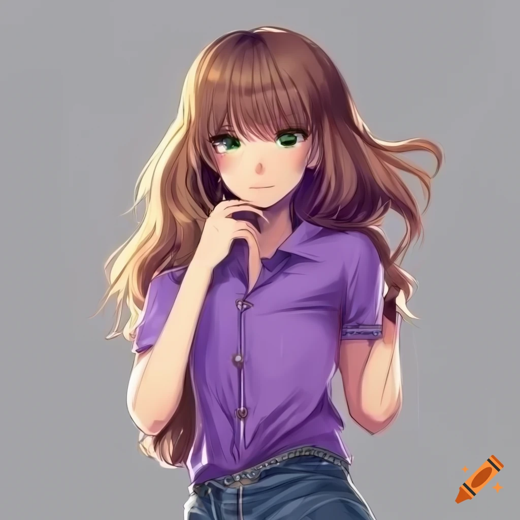 Anime Girl With Wavy Brown Hair In Purple Shirt And Jeans On Craiyon