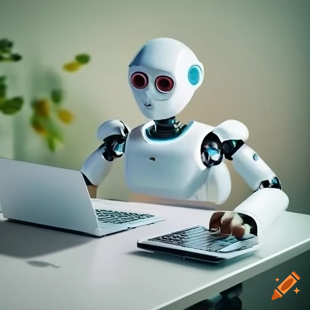 robot working on a laptop in a casual work setting
