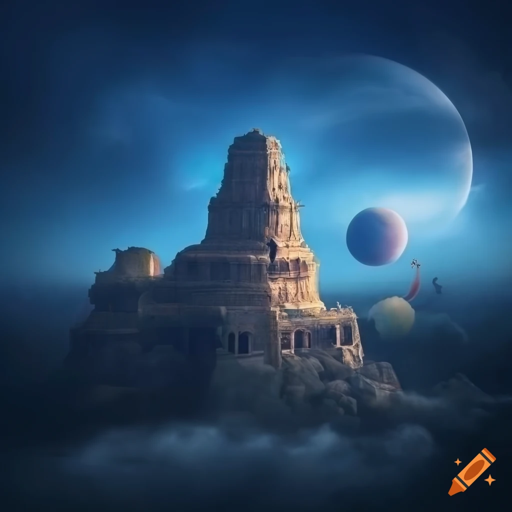view of an ancient sci-fi temple on a cliff with planets in the sky