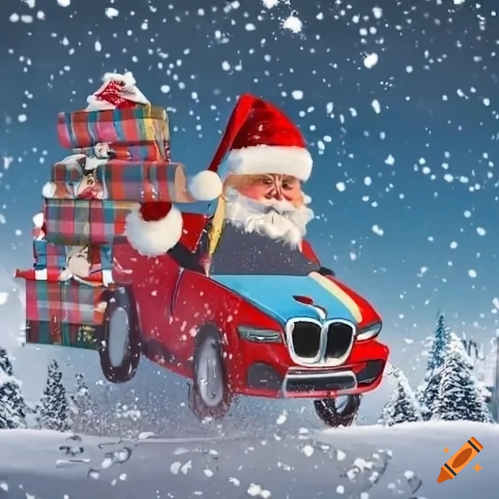 Santa Claus on a BMW delivering presents in a snowy town