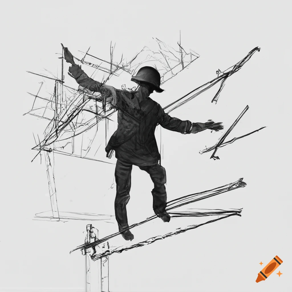 Detailed drawing of a man tightrope walking on a construction site on  Craiyon
