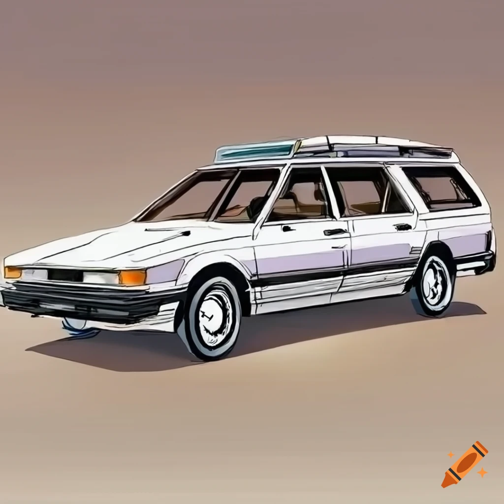 Anime illustration of a white toyota camry wagon with gold rims on Craiyon