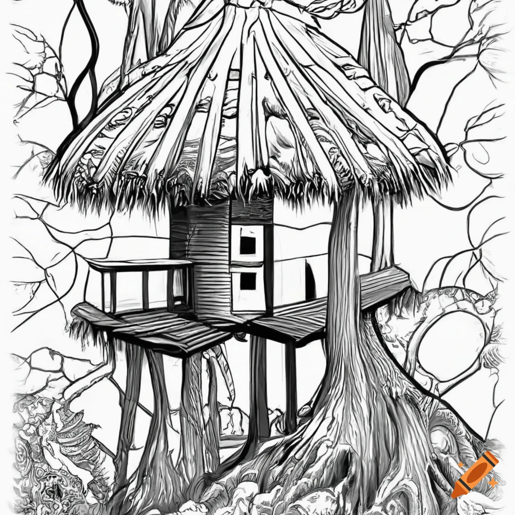 Black and white tree house in a majestic forest