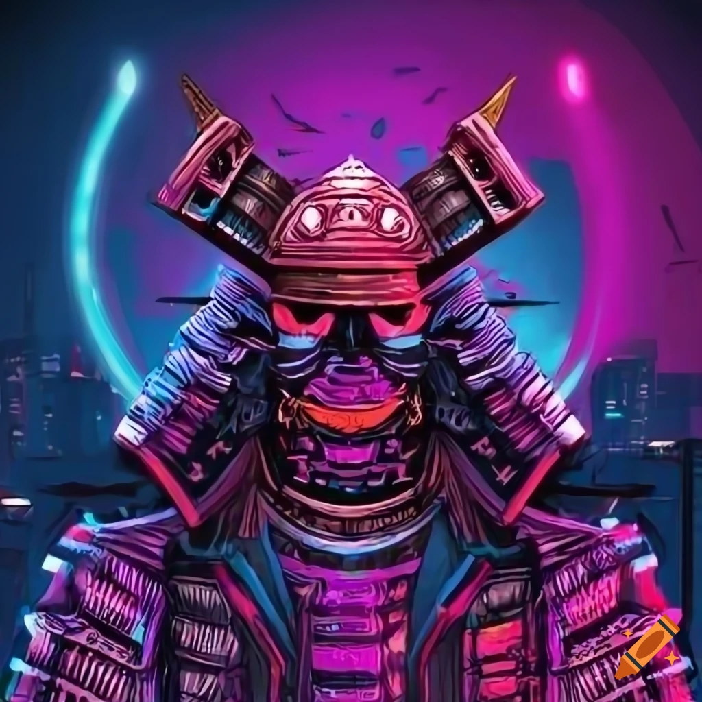 Cyberpunk samurai head in a futuristic city