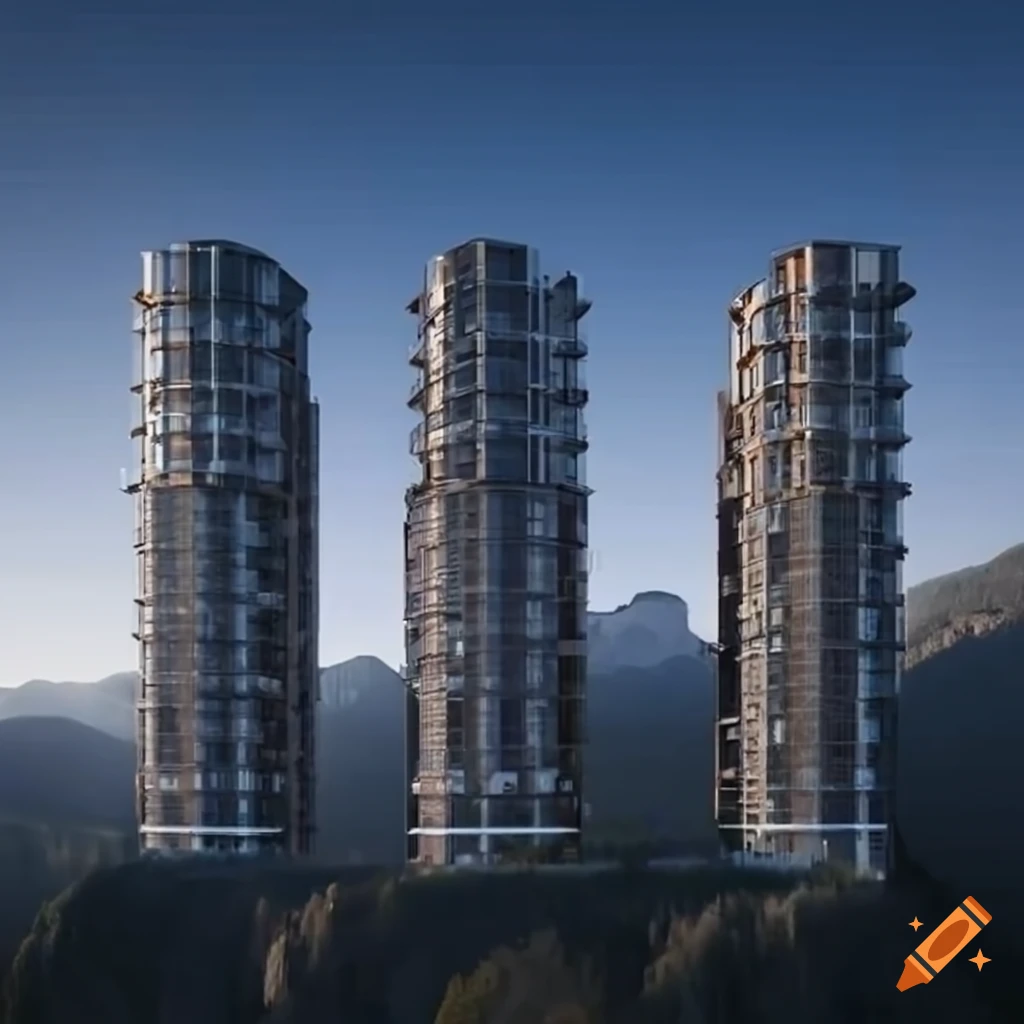 Modern apartments nestled in a mountain valley on Craiyon