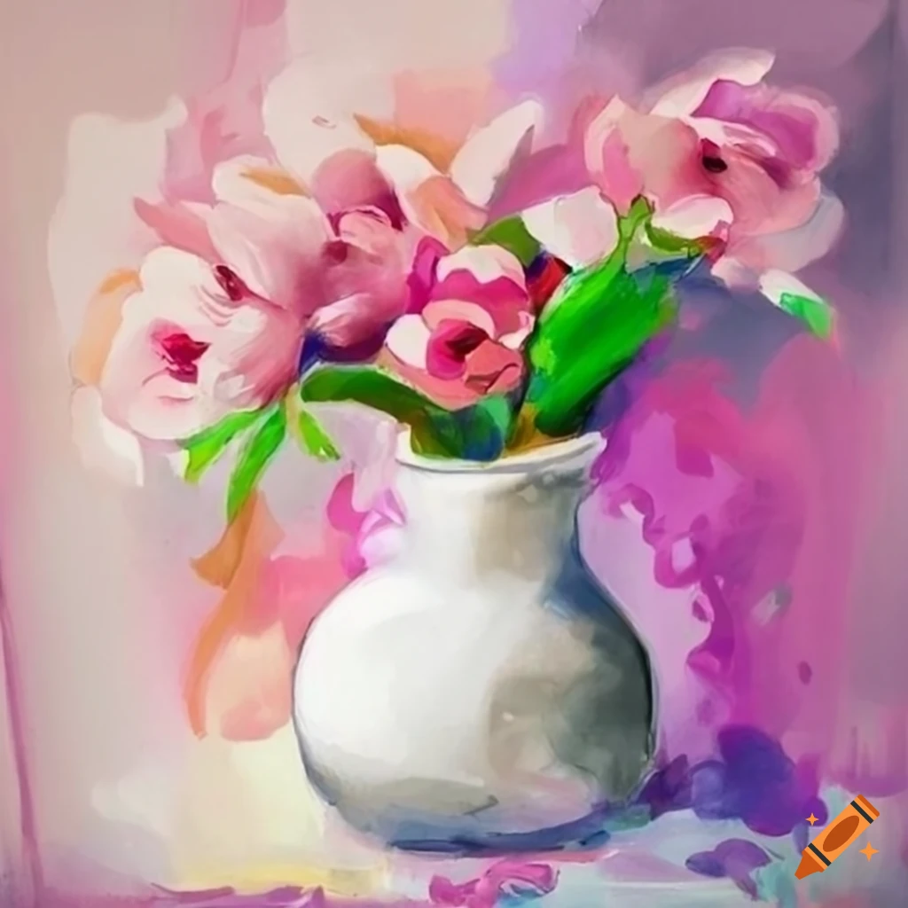 Watercolor painting of pink flowers in a white vase