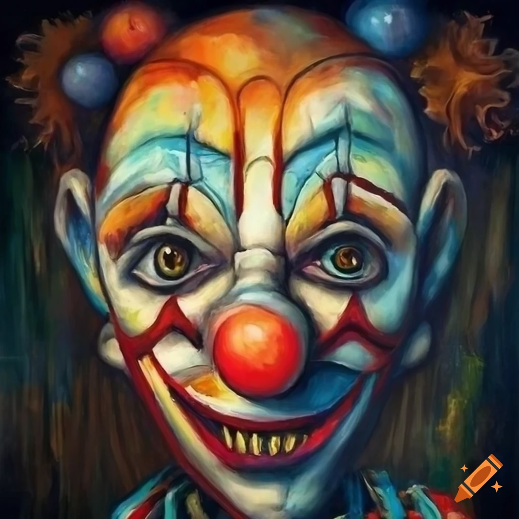 surrealistic painting of a morbid circus clown with various objects