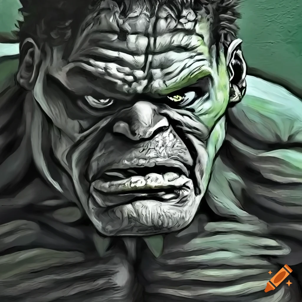 Detailed black and white illustration of the hulk