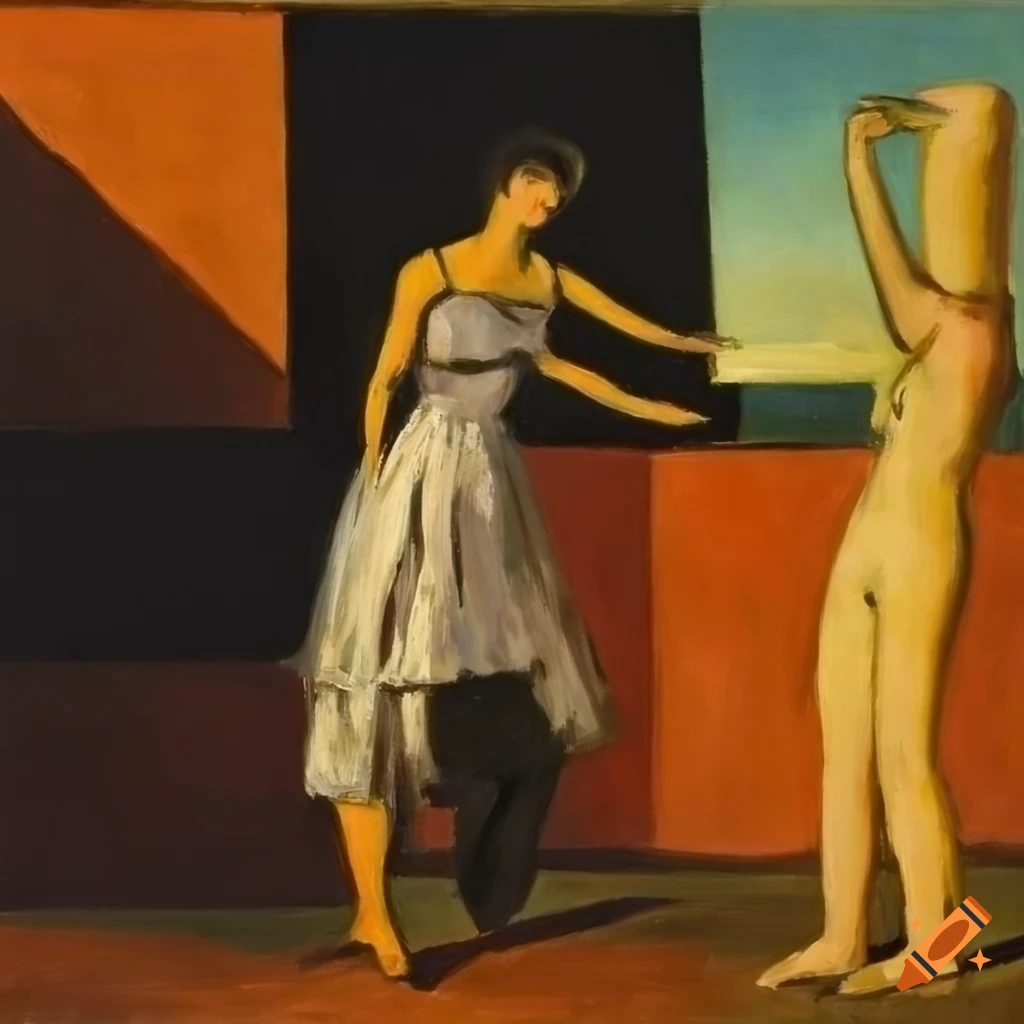 Edward Hopper and Giorgio de Chirico inspired painting of a girl getting dressed