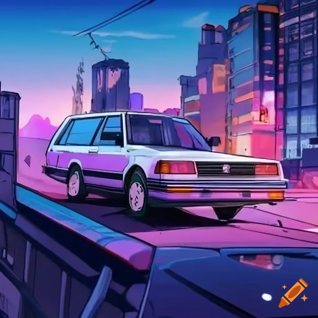 Anime scene with a toyota cressida wagon and a bmx bike