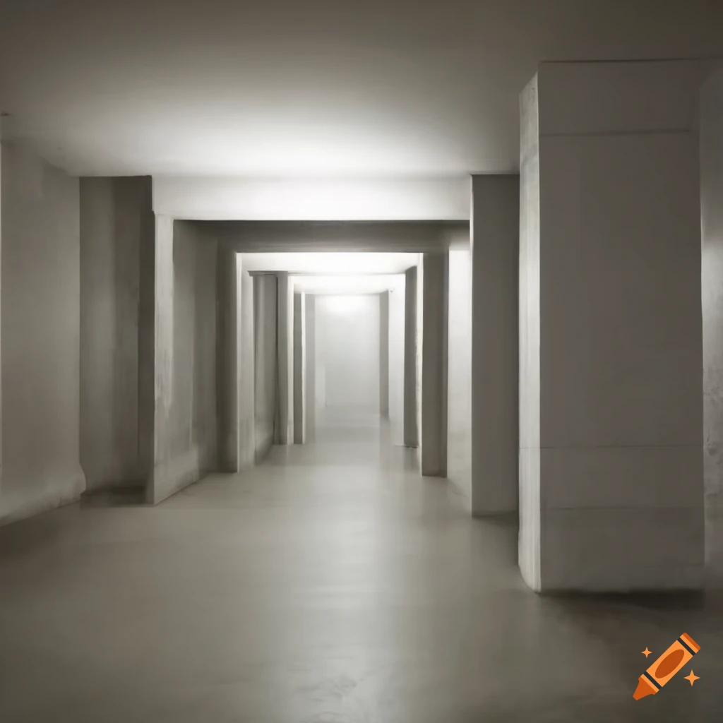 Foggy concrete corridors with rectangular openings on Craiyon