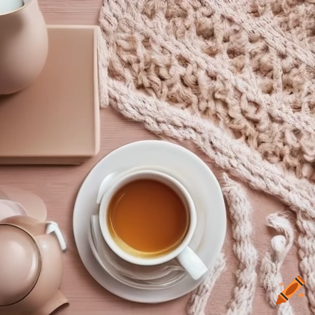 Knitted tablecloth on a desk with tea on Craiyon