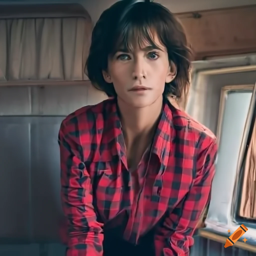 photorealistic image of a woman sitting in a caravan