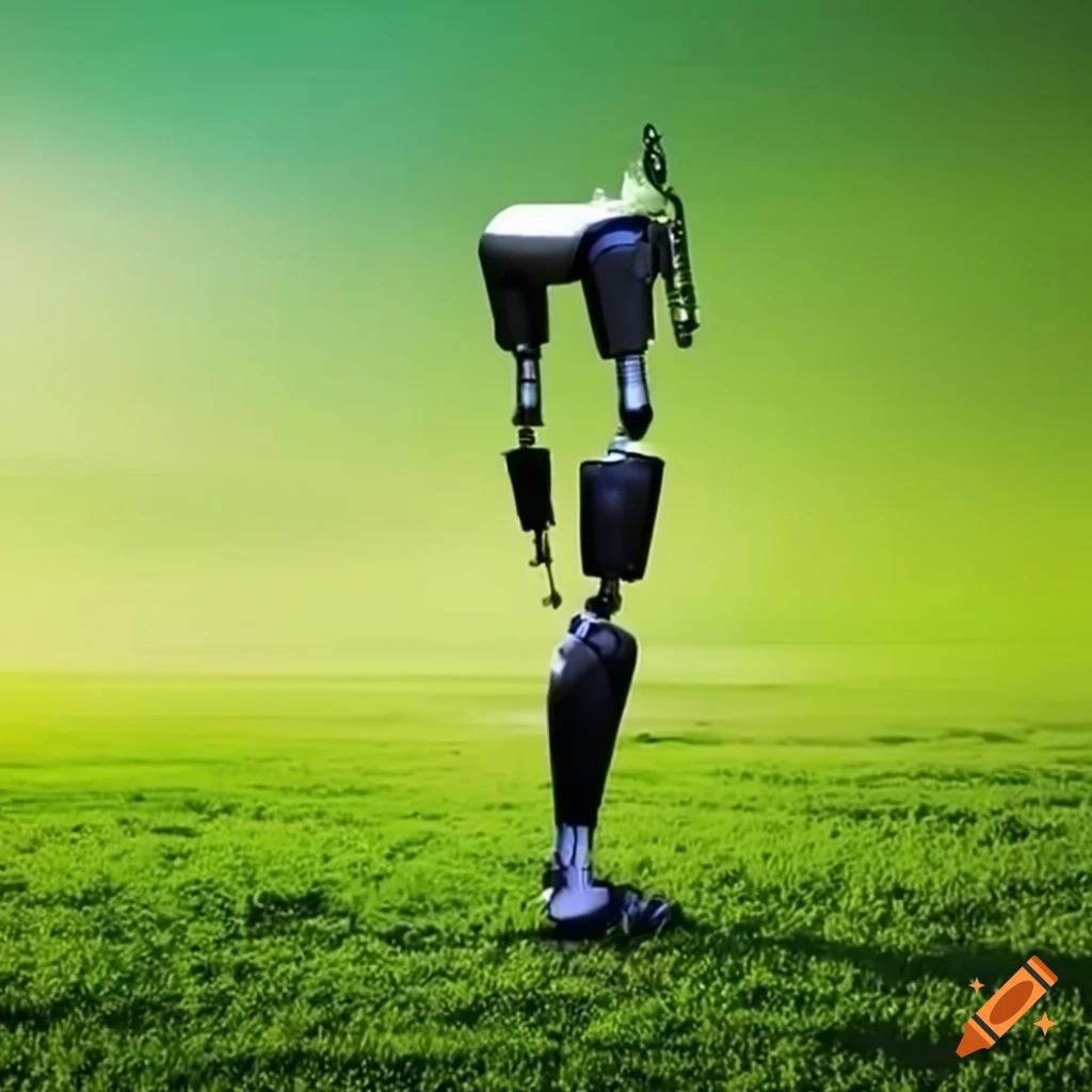 green field with prosthetic robot leg
