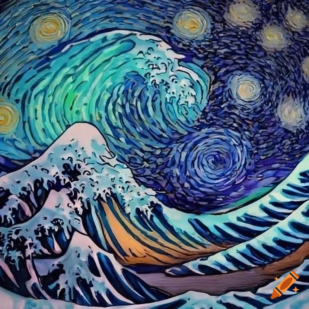 Colorful artwork inspired by starry night and the great wave