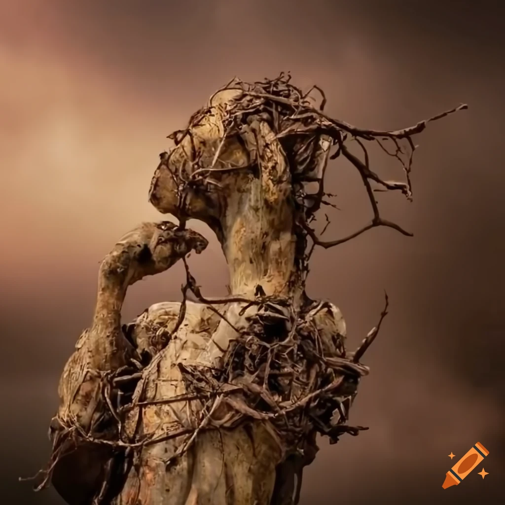 sculpture of a distorted figure caught in a web of branches and junk