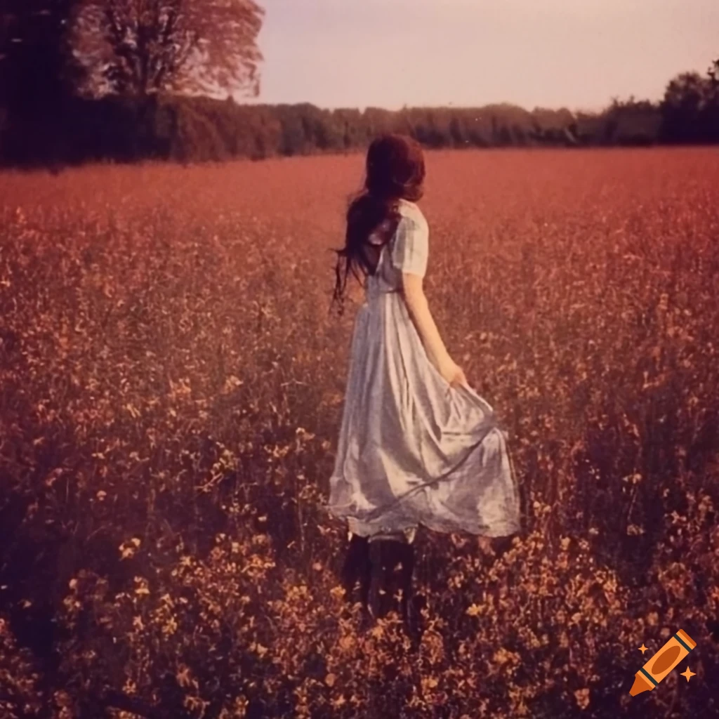 woman running in a flower field wearing a prairie dress