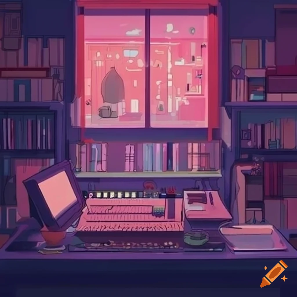 Vintage japanese anime room with desk and artworks
