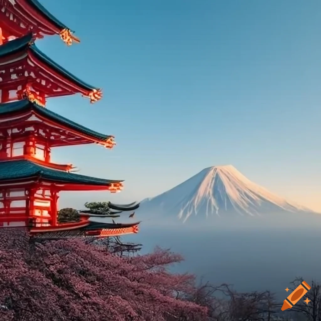 sakura season at a Japanese shrine with Mt. Fuji in the background