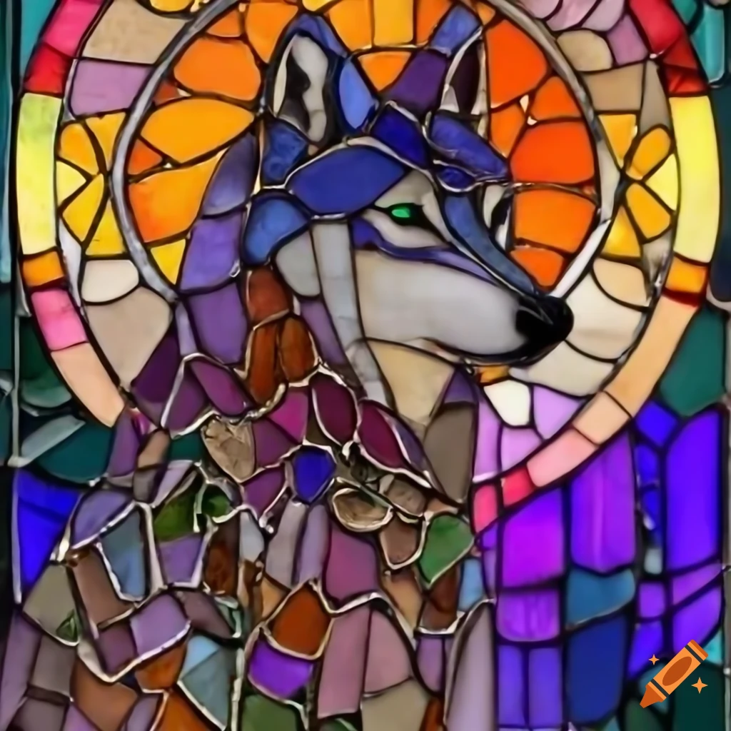 Stained glass depiction of a wolf