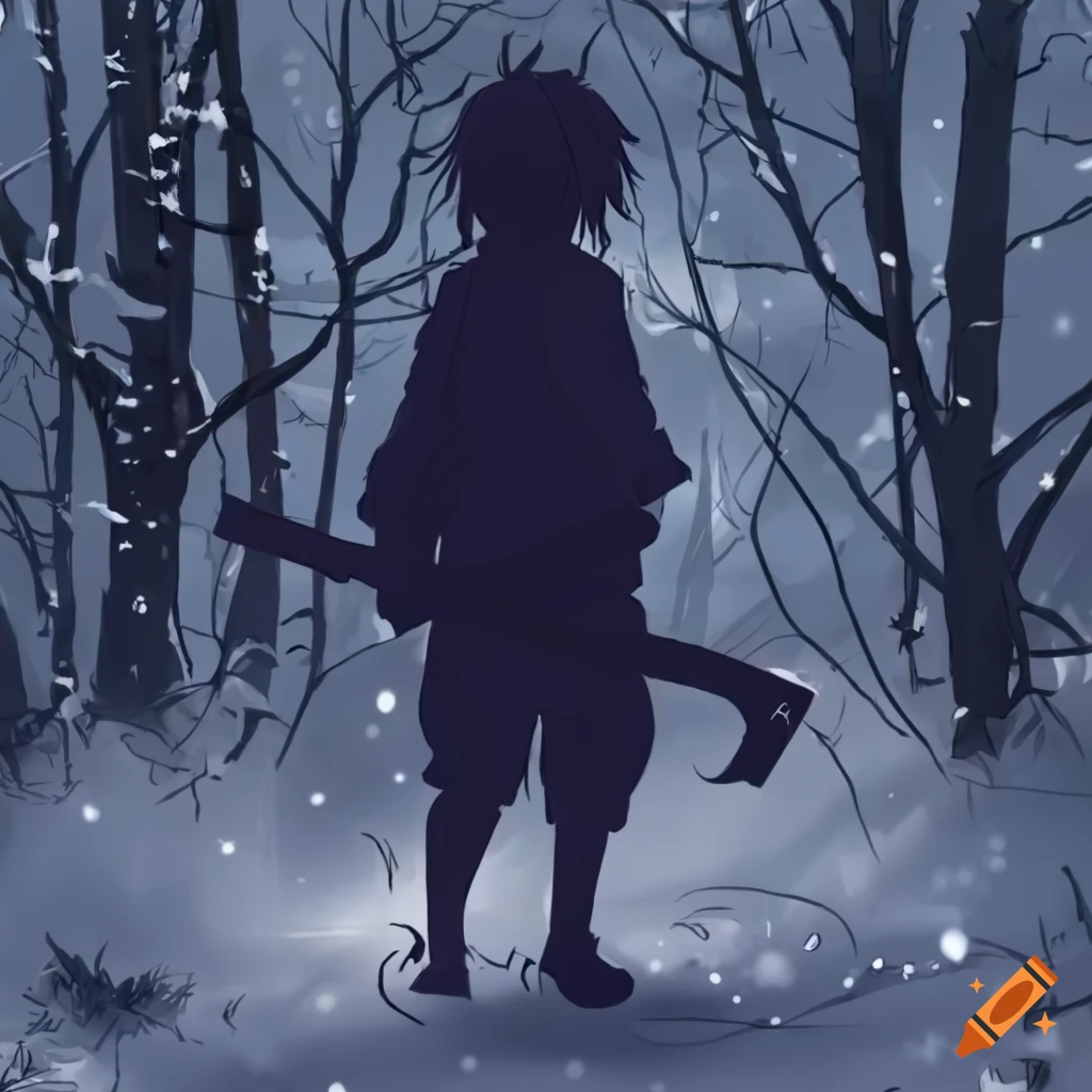silhouette of an anime boy in snowy woods with an axe