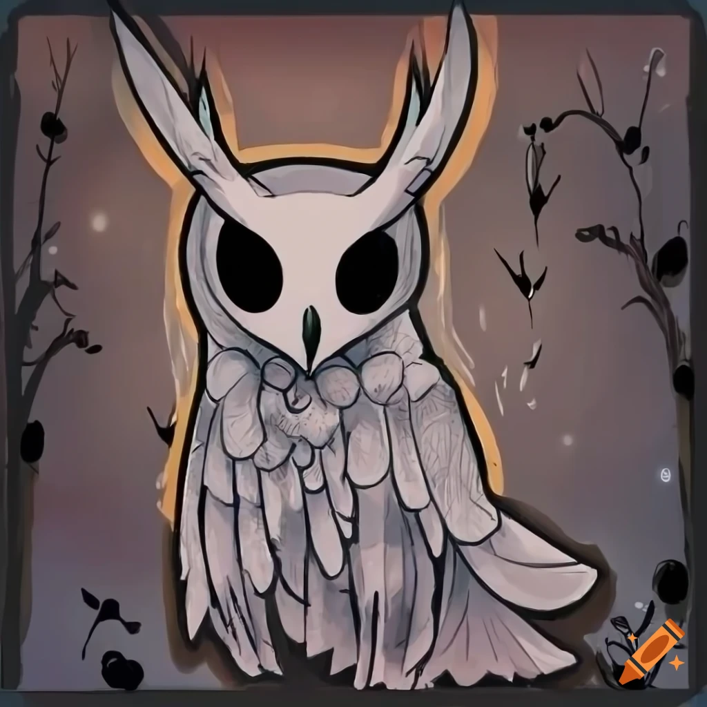 Aesthetic image of a great horned owl in hollow knight style