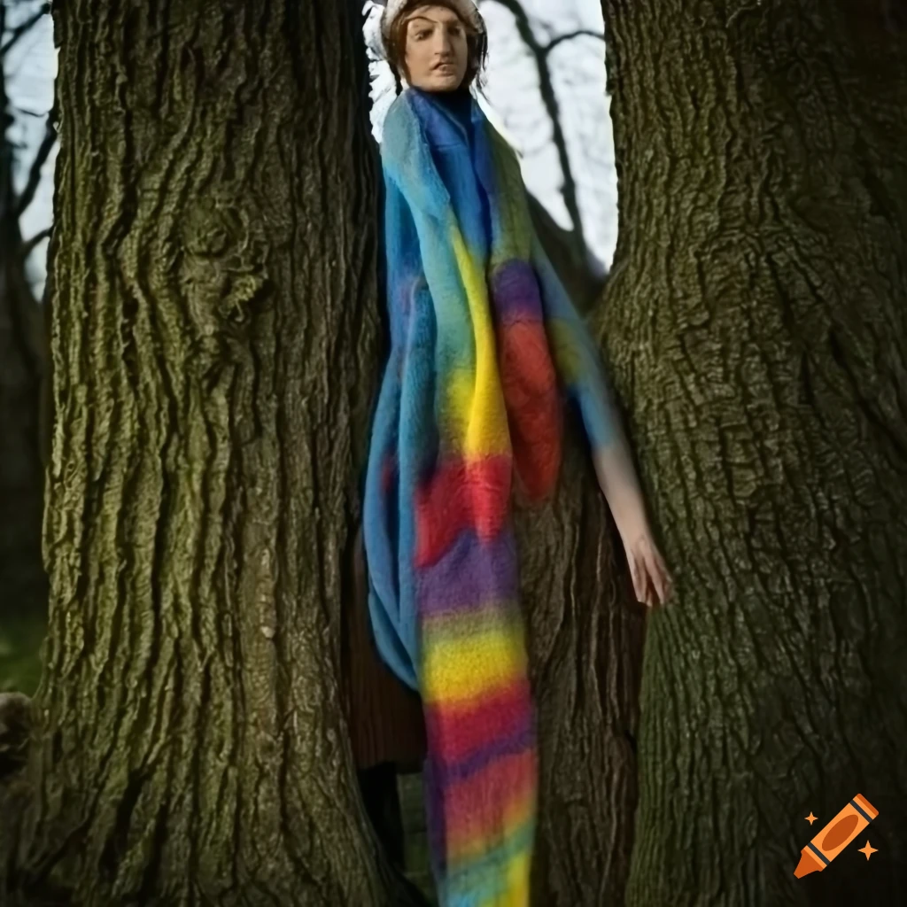 Doctor Who's multicoloured scarf hanging from a tree