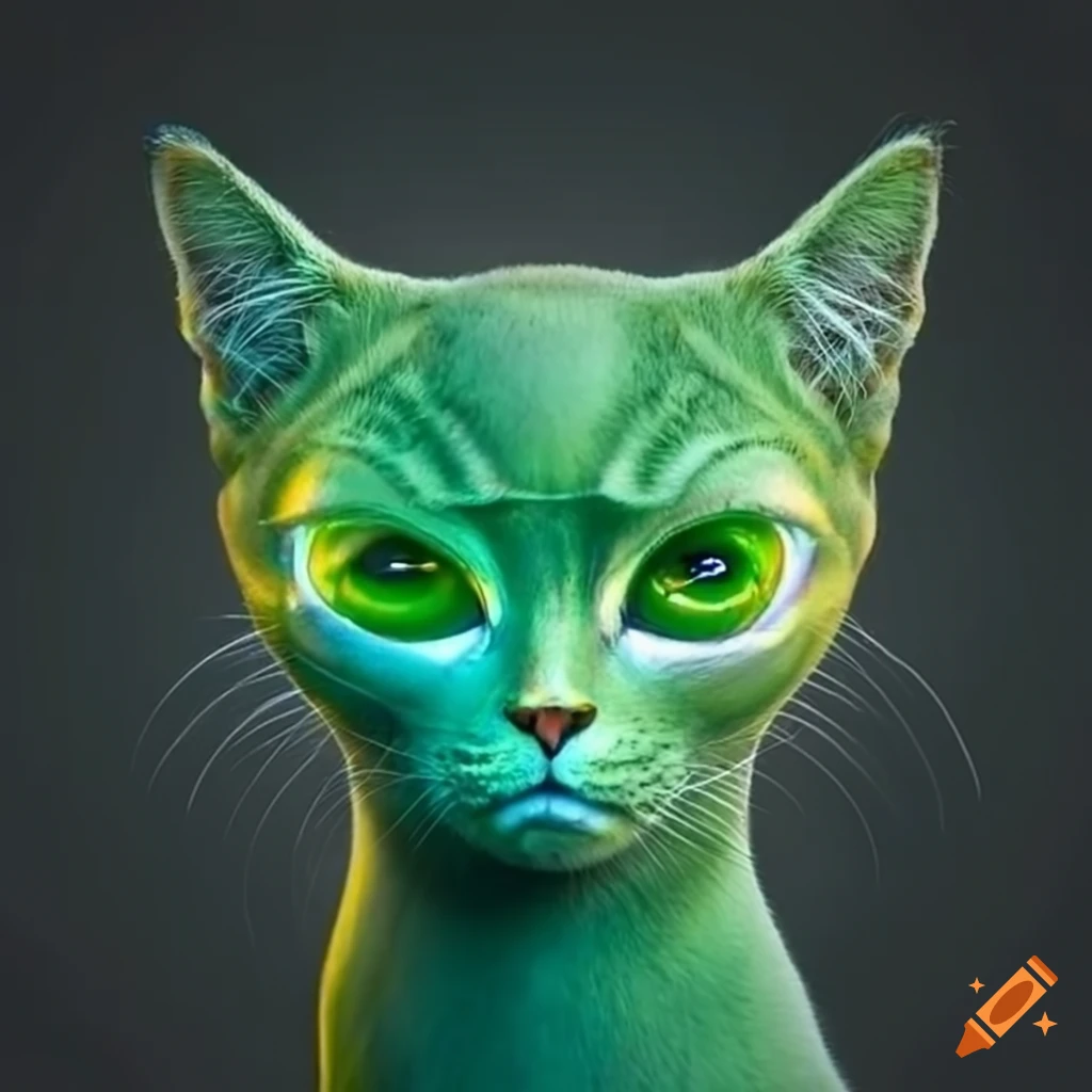 green alien cat with hair and bulgy eyes