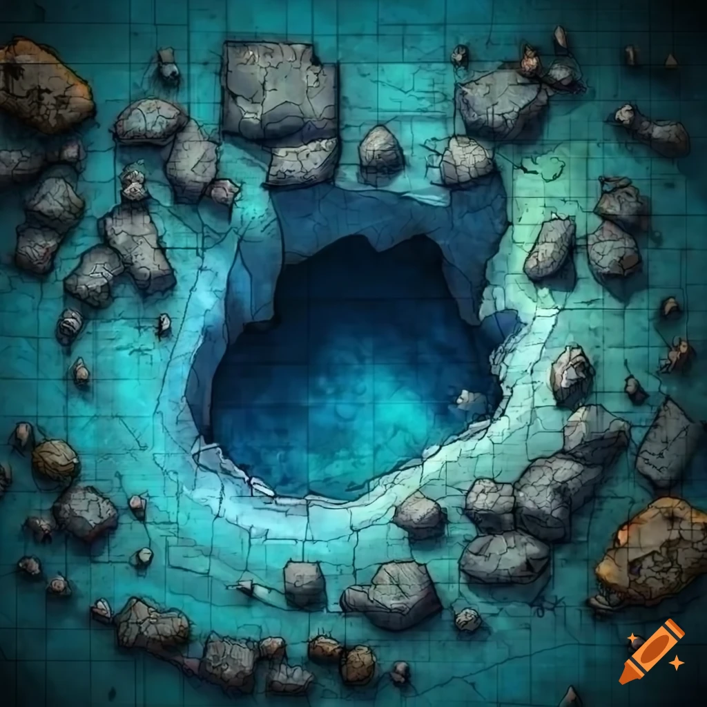 Battlemap of a tidal cave with a pit on Craiyon