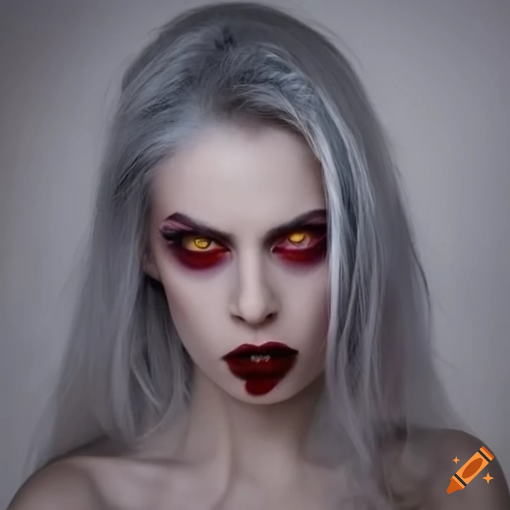 Art of a stunning vampire woman with white hair and red eyes on Craiyon