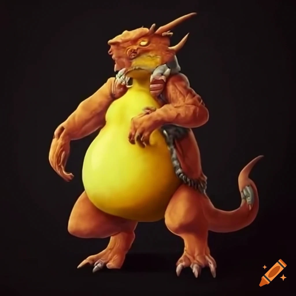 Illustration of a joyful chubby yellow kobold on Craiyon