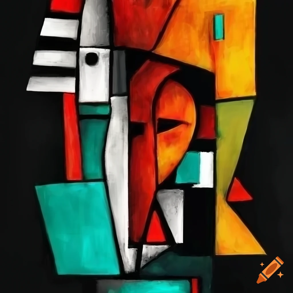 black and white surrealistic cubist doodles with red, yellow, and turquoise lines