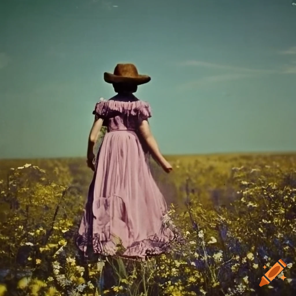 woman in a hat and prairie dress running in a flower field