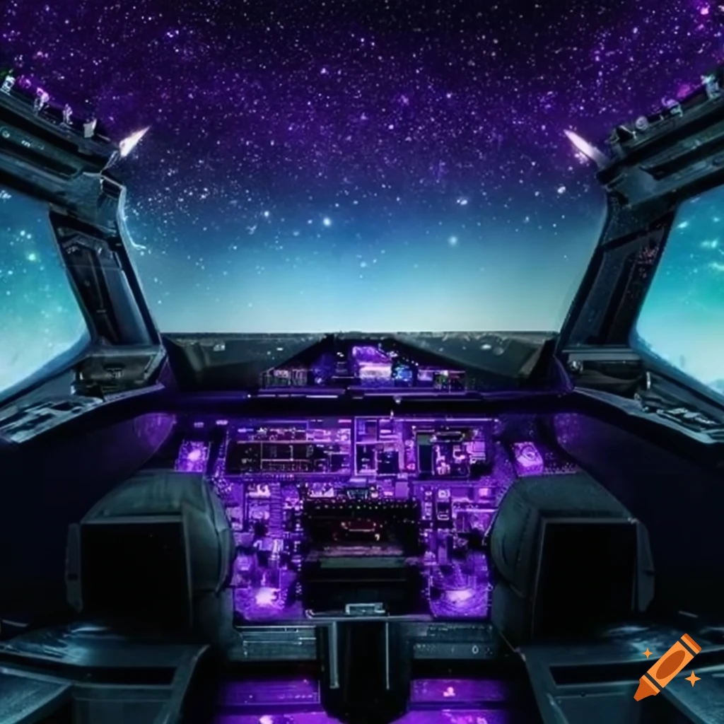 sleek spaceship cockpit with purple starry background